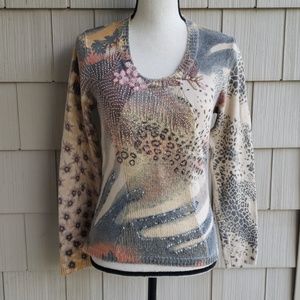 BCBGMaxAzria Tan Animal Print Beaded Scoop Neck Sweater M